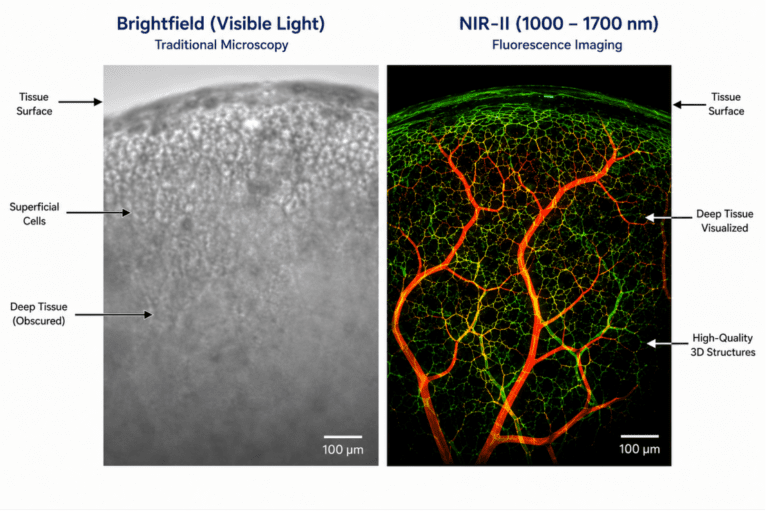Comparison of brightfield and NIR-II imaging for deep-tissue visualization with reduced scattering and enhanced structural contrast.