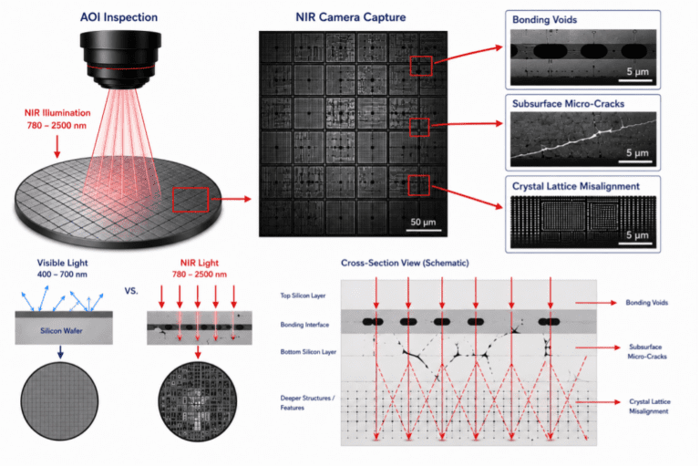 NIR imaging revealing hidden bonding defects and subsurface structures inside bonded silicon wafers.